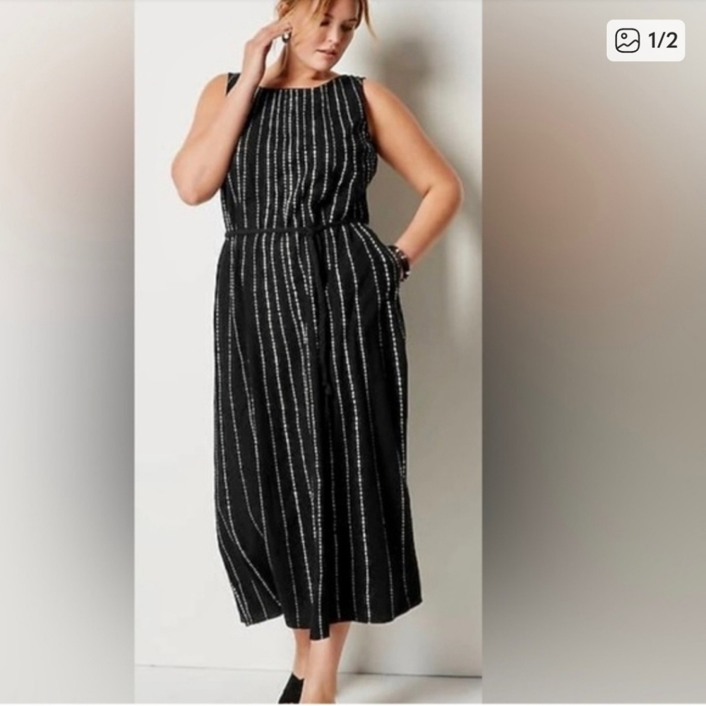 J. Jill Pure Jill Easy A-line Maxi Dress Black/White Lagenlook Cotton Boho Belt - Picture 2 of 15